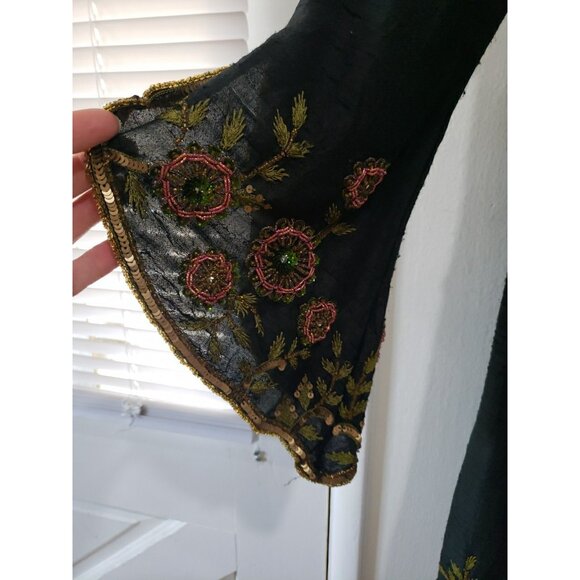 Aftershock Silk Beaded Jacket Duster Vintage Y2K Black Bell Sleeves S Fairy Boho - Picture 2 of 7